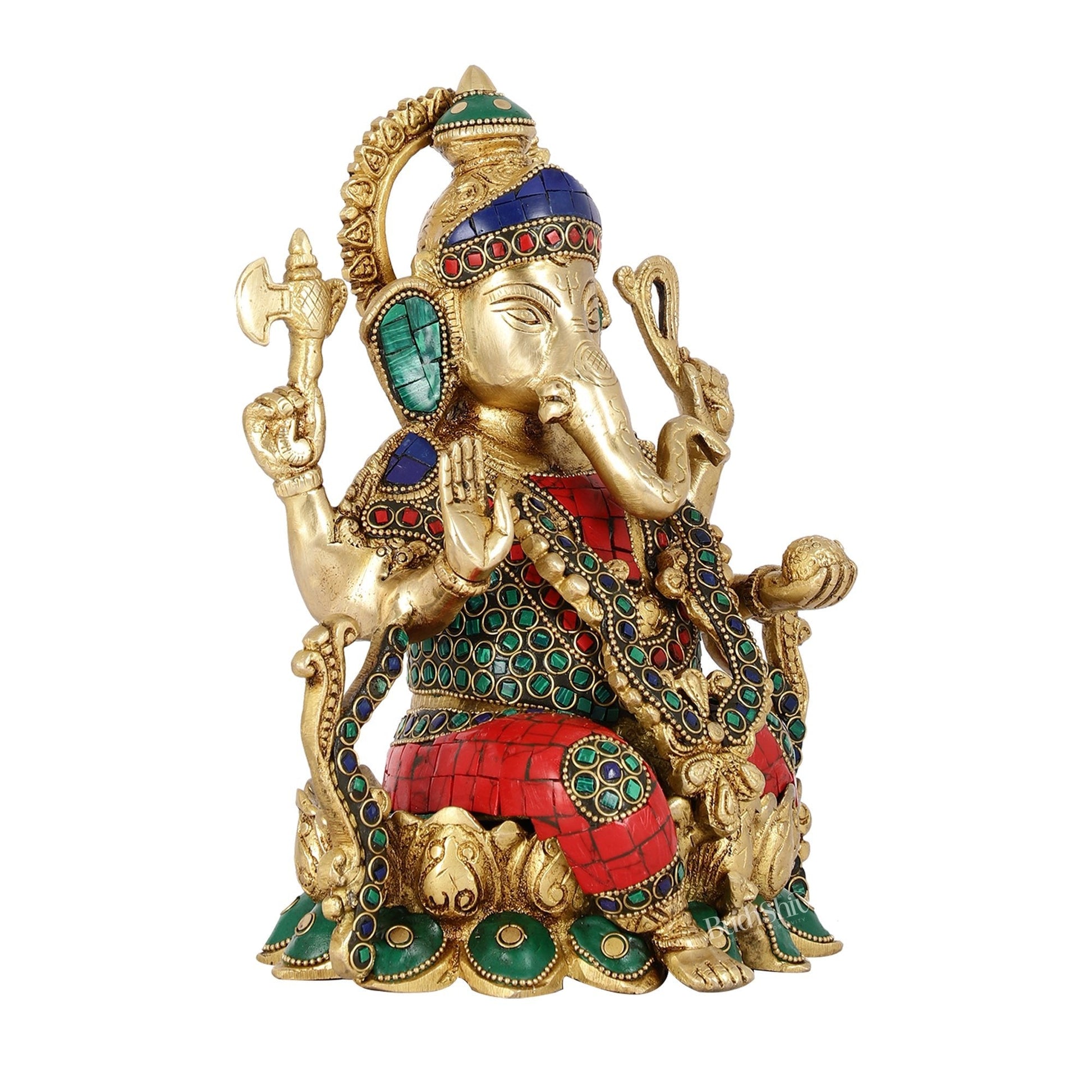 Brass Ganesha Seated on Lotus Base idol with stonework | 10.5"