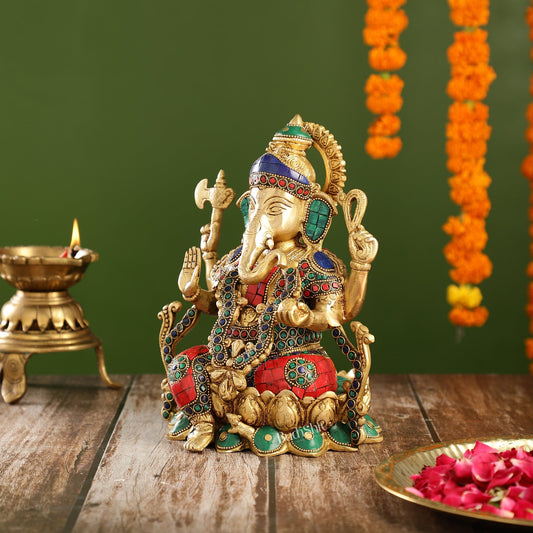 Brass Ganesha Seated on Lotus Base idol with stonework | 10.5"