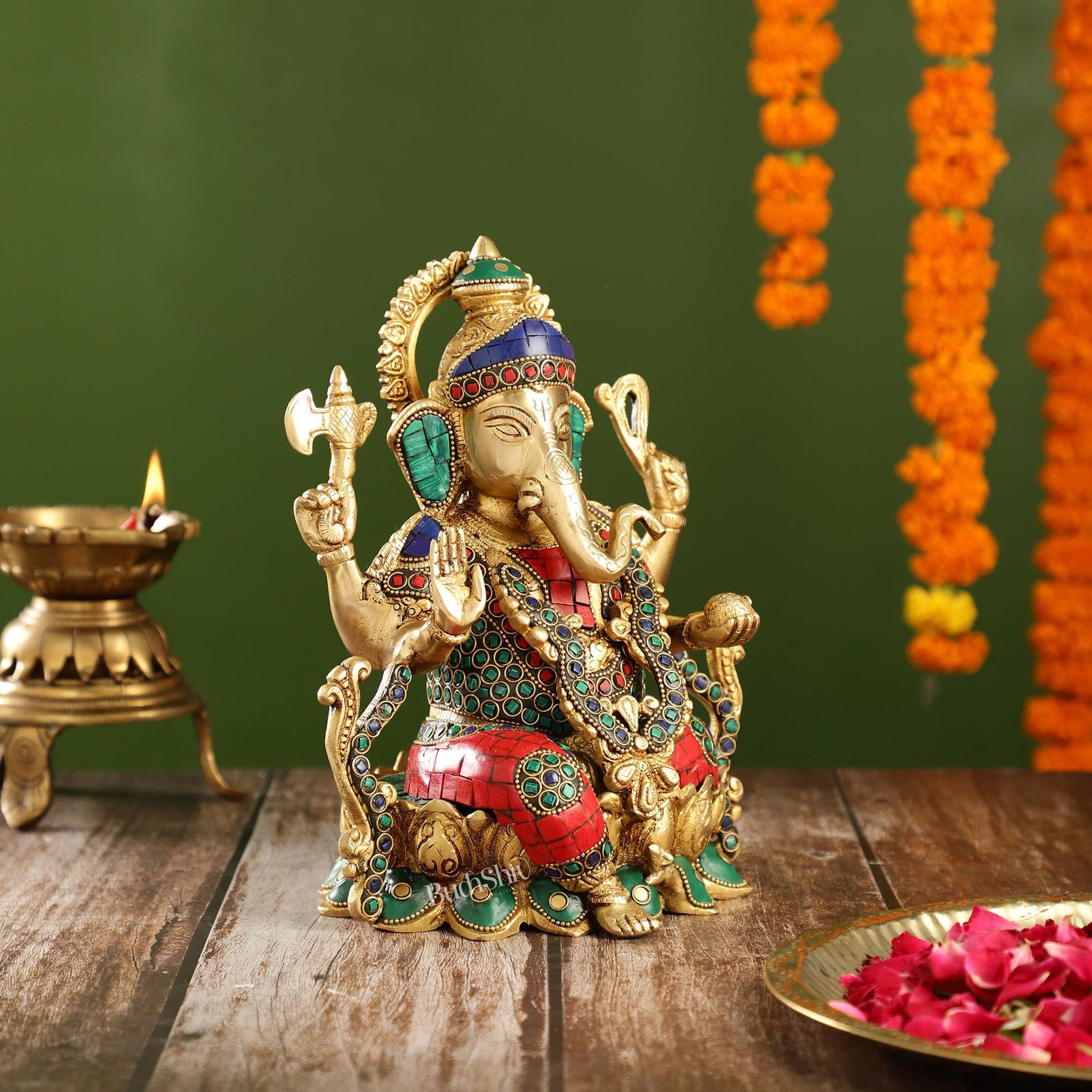 Brass Ganesha Seated on Lotus Base idol with stonework | 10.5"