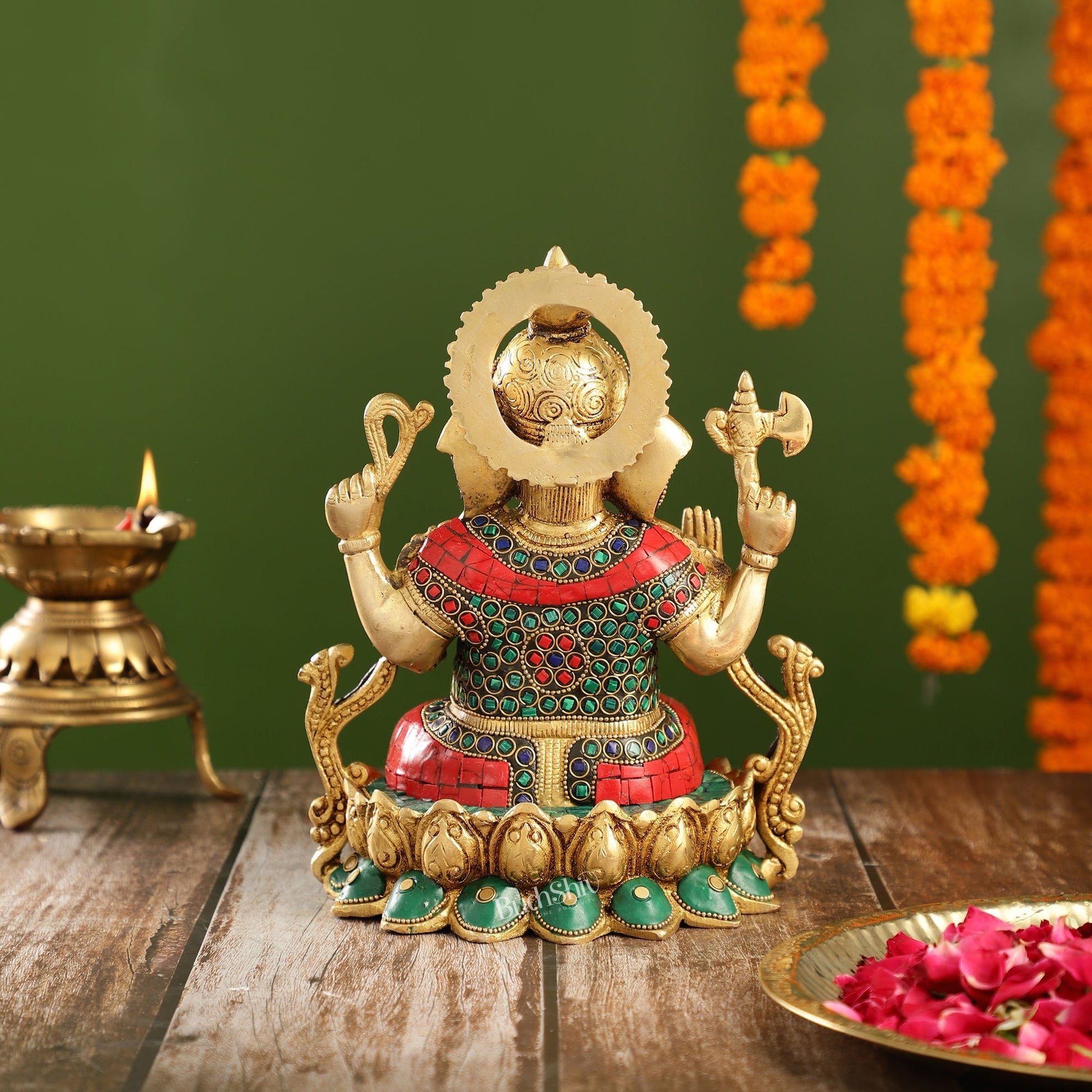 Brass Ganesha Seated on Lotus Base idol with stonework | 10.5"