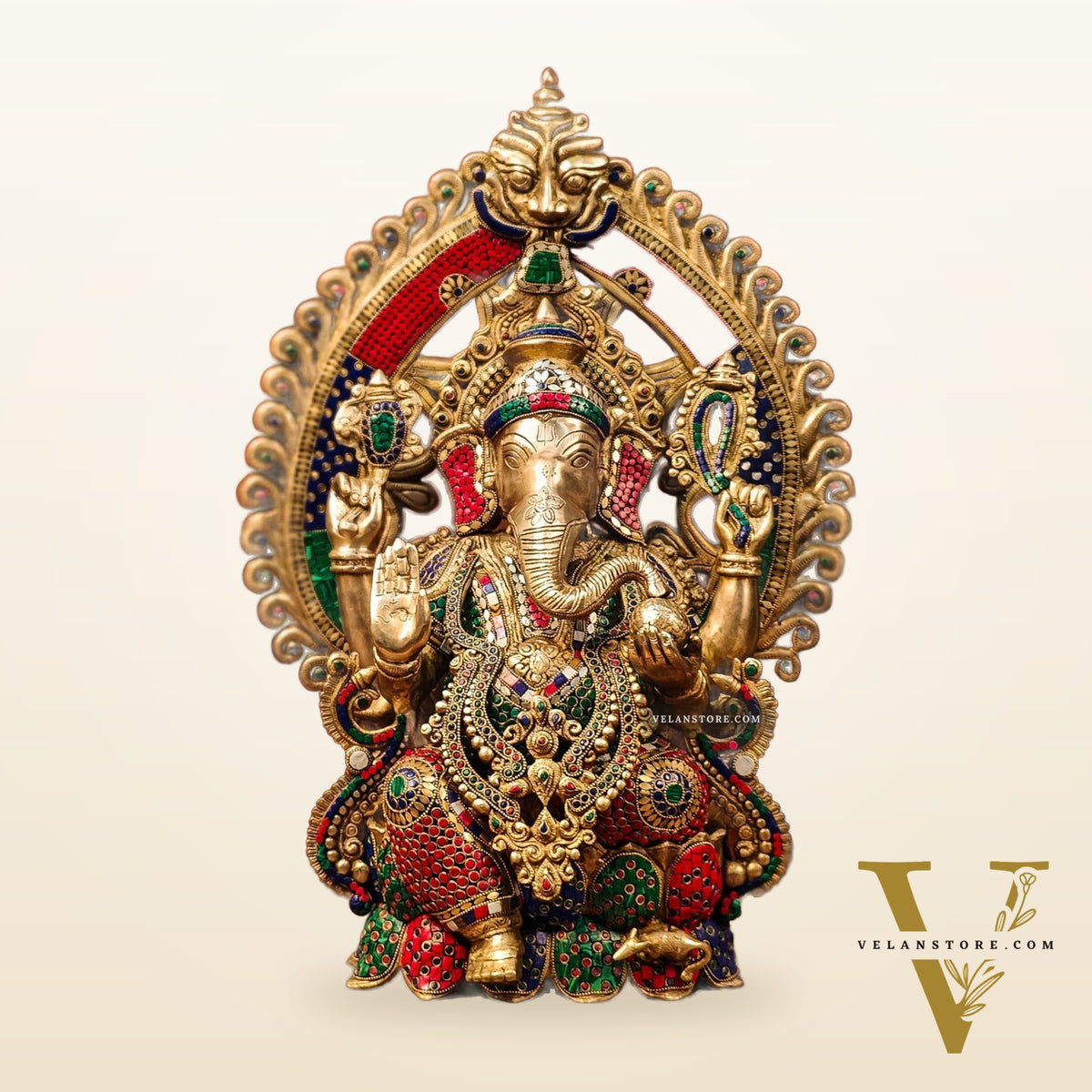 Brass Ganesha Seated on Lotus Throne with Prabhavali 26"