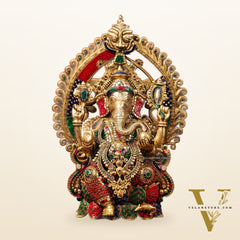 Brass Ganesha Seated on Lotus Throne with Prabhavali 26"