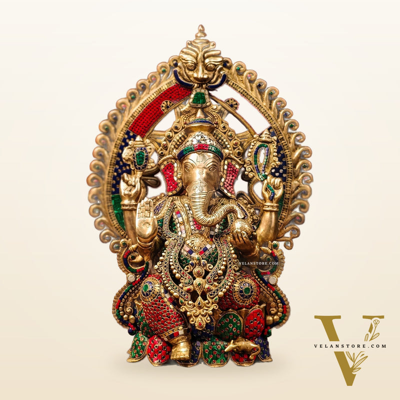 Brass Ganesha Seated on Lotus Throne with Prabhavali 26"