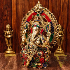 Brass Ganesha Seated on Lotus Throne with Prabhavali 26"