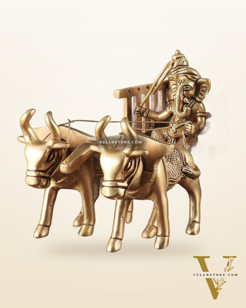 Brass Ganesha showpiece bullock cart with riddhi siddhi enhanced carvings