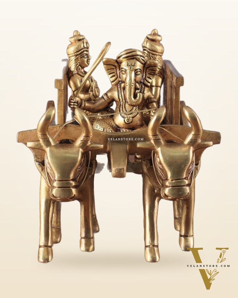 Brass Ganesha showpiece bullock cart with riddhi siddhi enhanced carvings