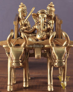 Brass Ganesha showpiece bullock cart with riddhi siddhi enhanced carvings
