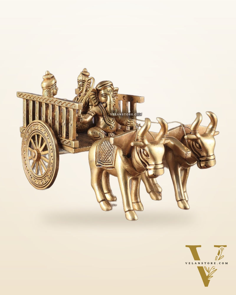 Brass Ganesha showpiece bullock cart with riddhi siddhi enhanced carvings