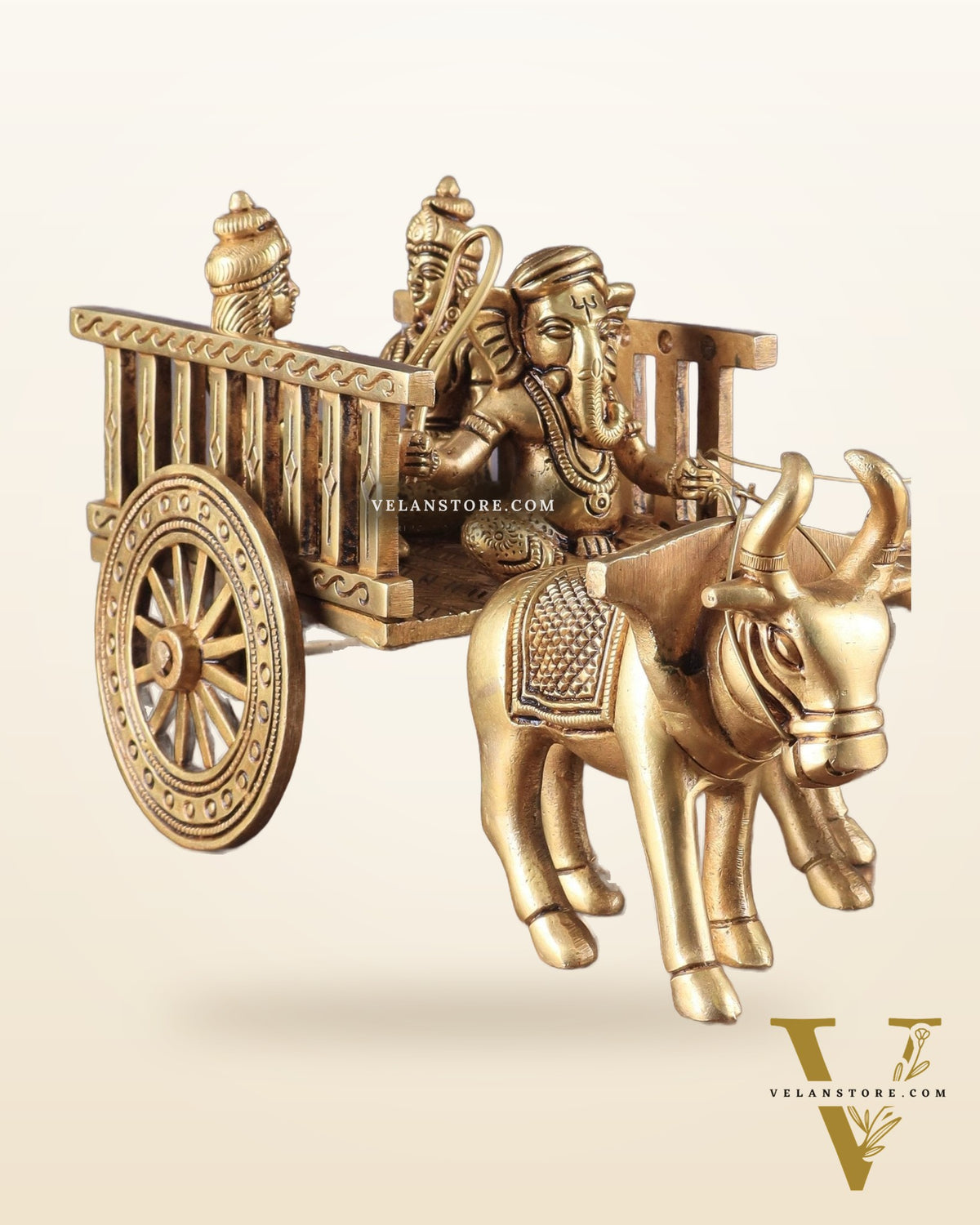 Brass Ganesha showpiece bullock cart with riddhi siddhi enhanced carvings