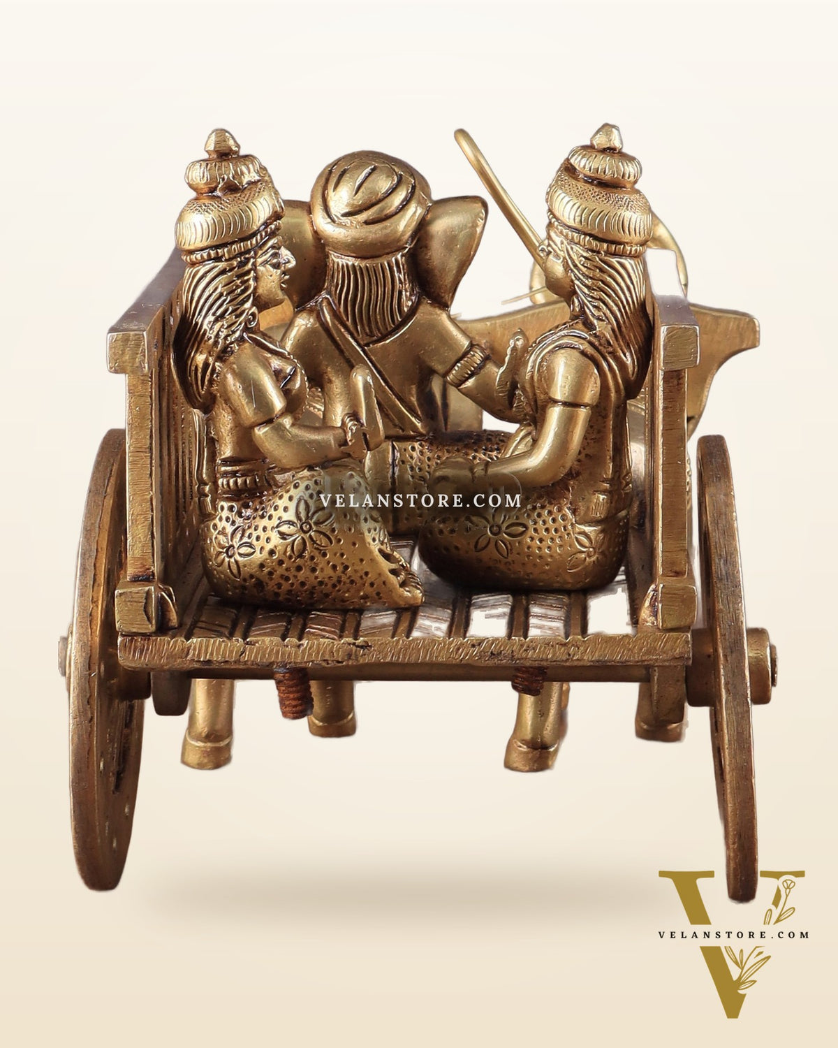 Brass Ganesha showpiece bullock cart with riddhi siddhi enhanced carvings