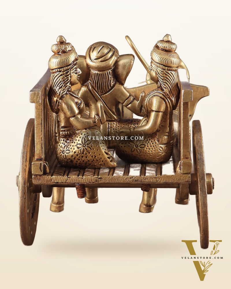 Brass Ganesha showpiece bullock cart with riddhi siddhi enhanced carvings