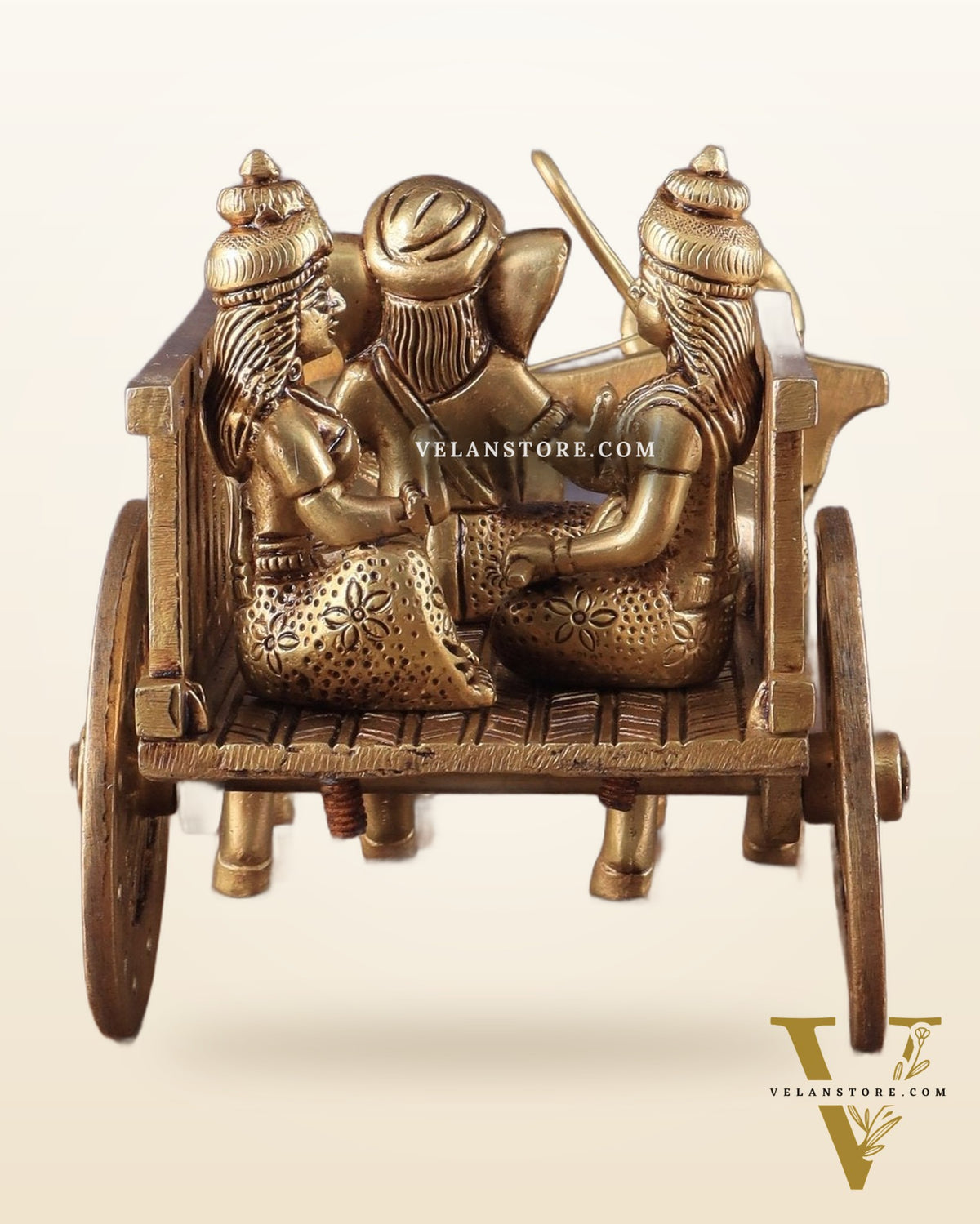 Brass Ganesha showpiece bullock cart with riddhi siddhi enhanced carvings