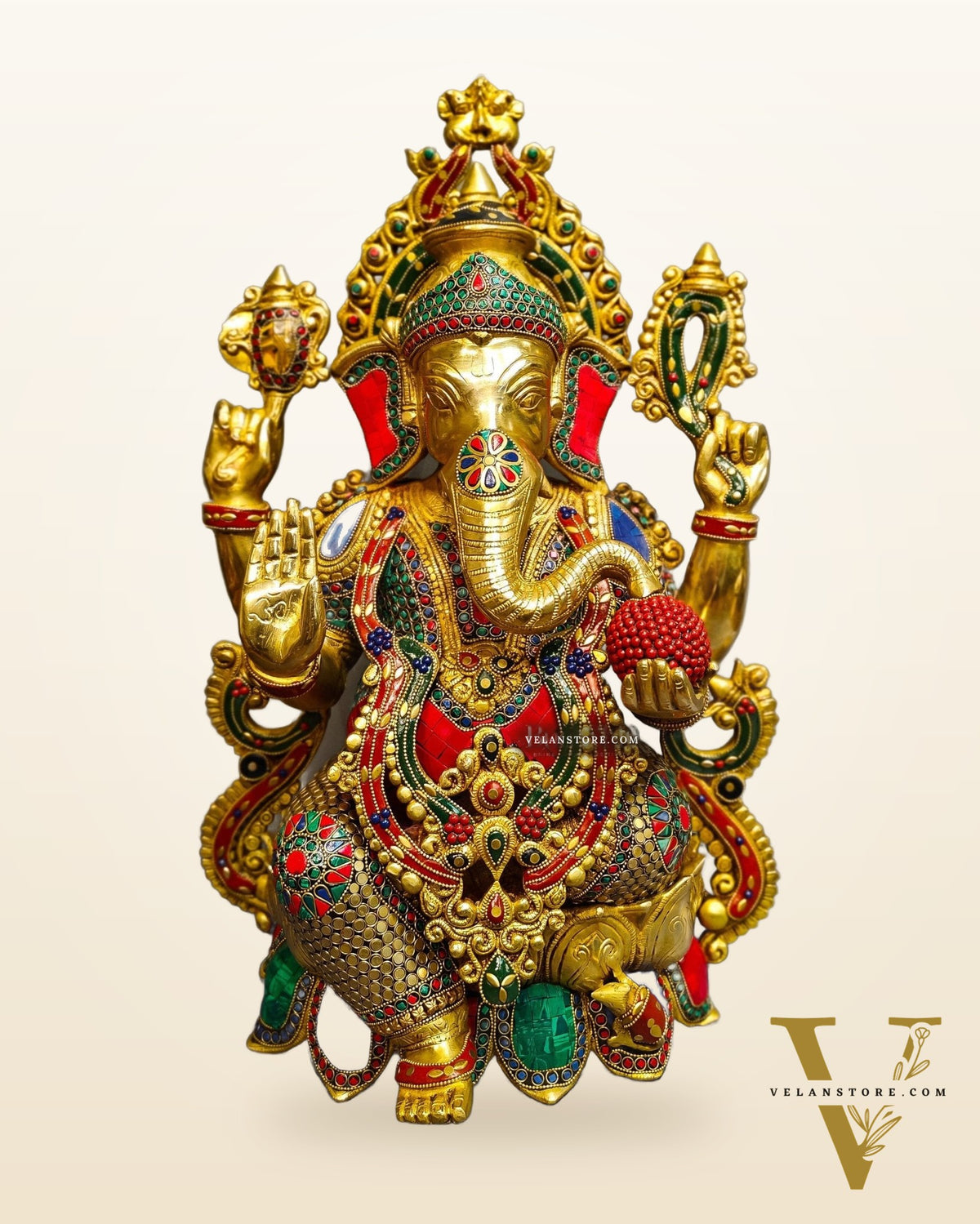 Brass Ganesha Statue: 21" Tall with Intricate Stonework