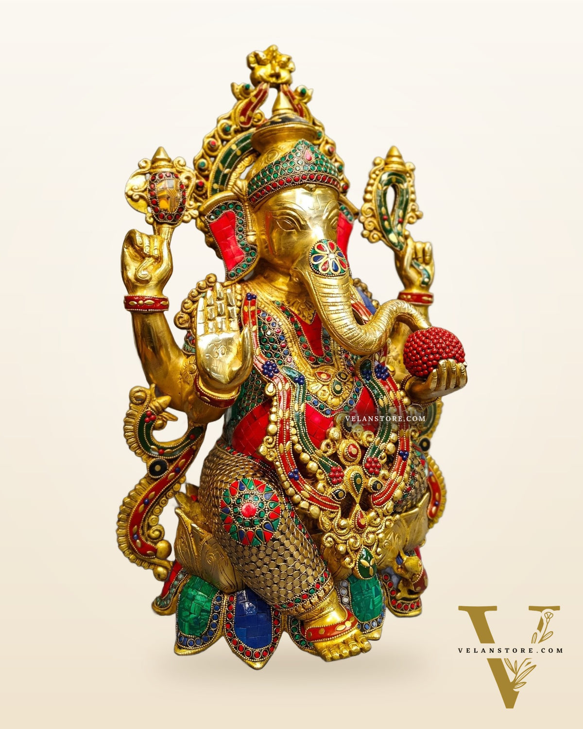 Brass Ganesha Statue: 21" Tall with Intricate Stonework