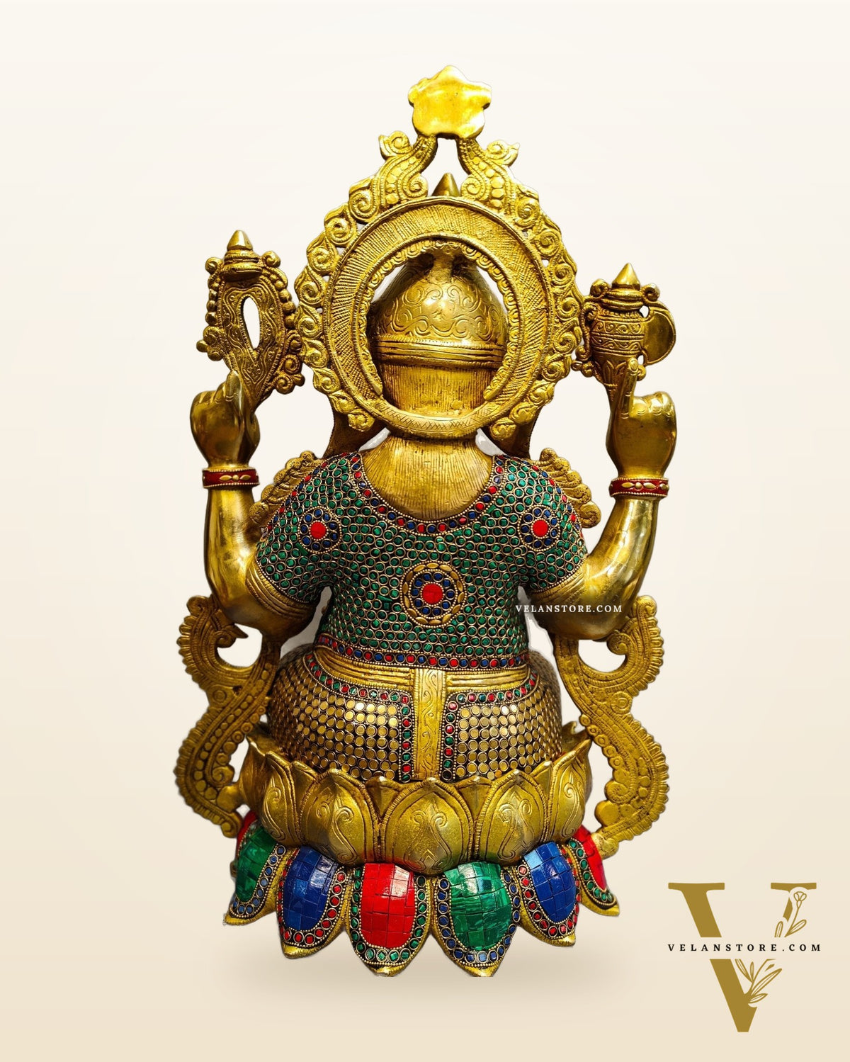 Brass Ganesha Statue: 21" Tall with Intricate Stonework