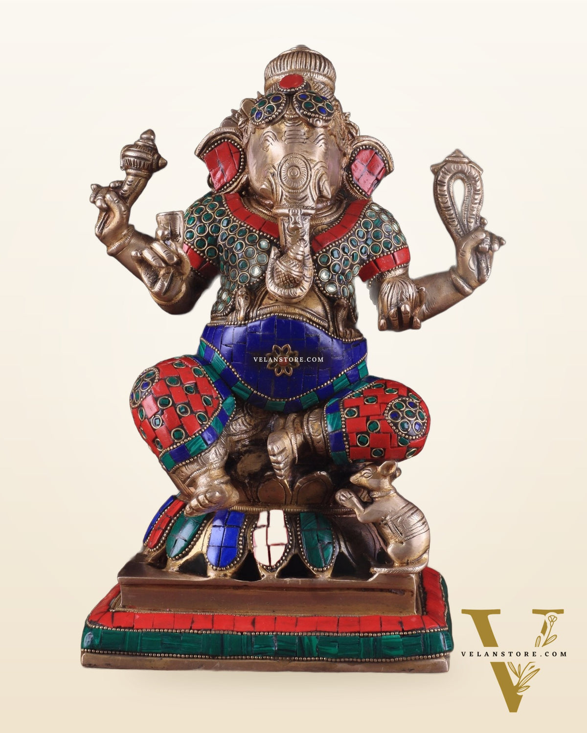 Brass Ganesha Statue - Divine Chola art 12" Right side trunk Multicolour