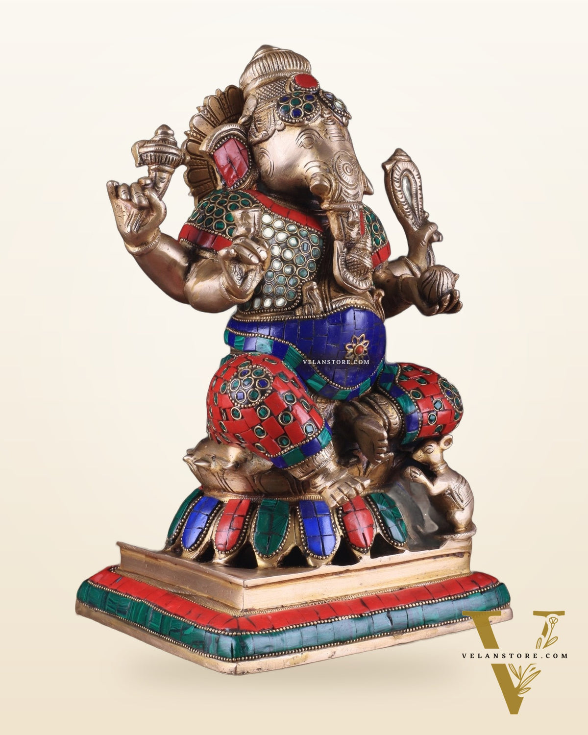 Brass Ganesha Statue - Divine Chola art 12" Right side trunk Multicolour