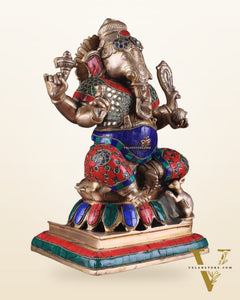 Brass Ganesha Statue - Divine Chola art 12" Right side trunk Multicolour