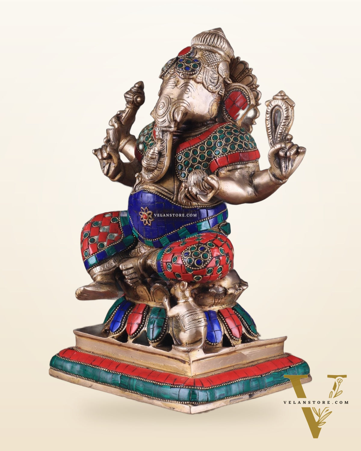 Brass Ganesha Statue - Divine Chola art 12" Right side trunk Multicolour