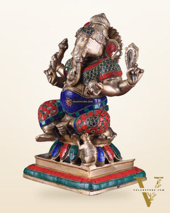 Brass Ganesha Statue - Divine Chola art 12" Right side trunk Multicolour