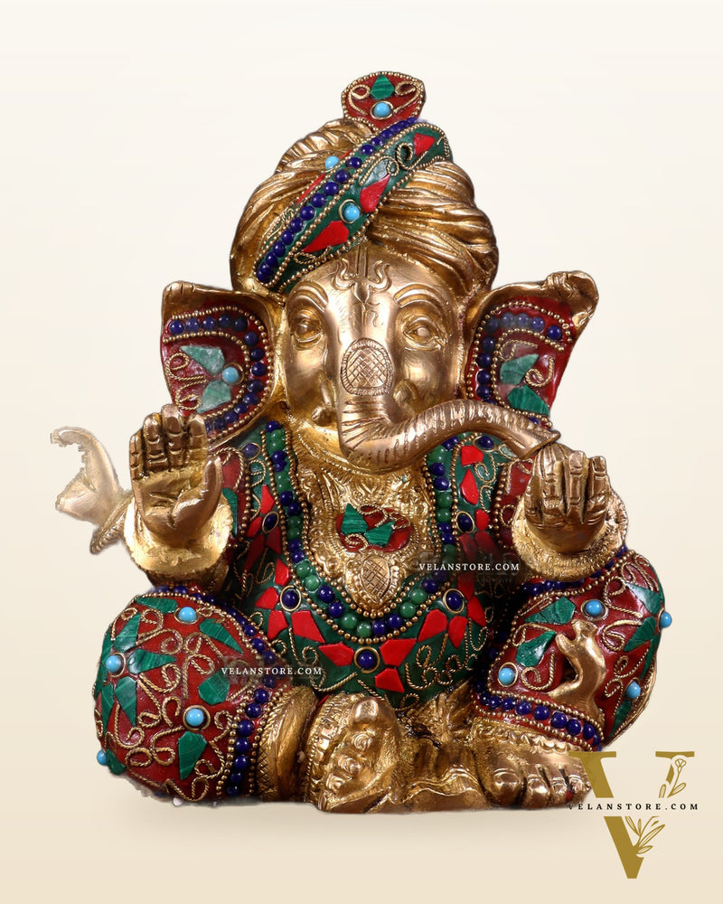 Brass Ganesha statue multicolour 7.5 inch Pagdi ganesh