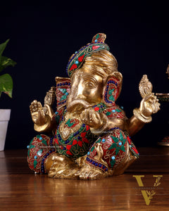 Brass Ganesha statue multicolour 7.5 inch Pagdi ganesh