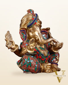 Brass Ganesha statue multicolour 7.5 inch Pagdi ganesh