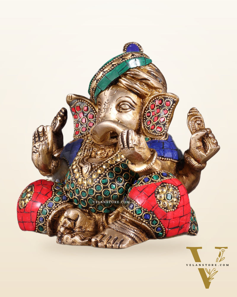 Brass Ganesha statue multicolour 7.5 inch