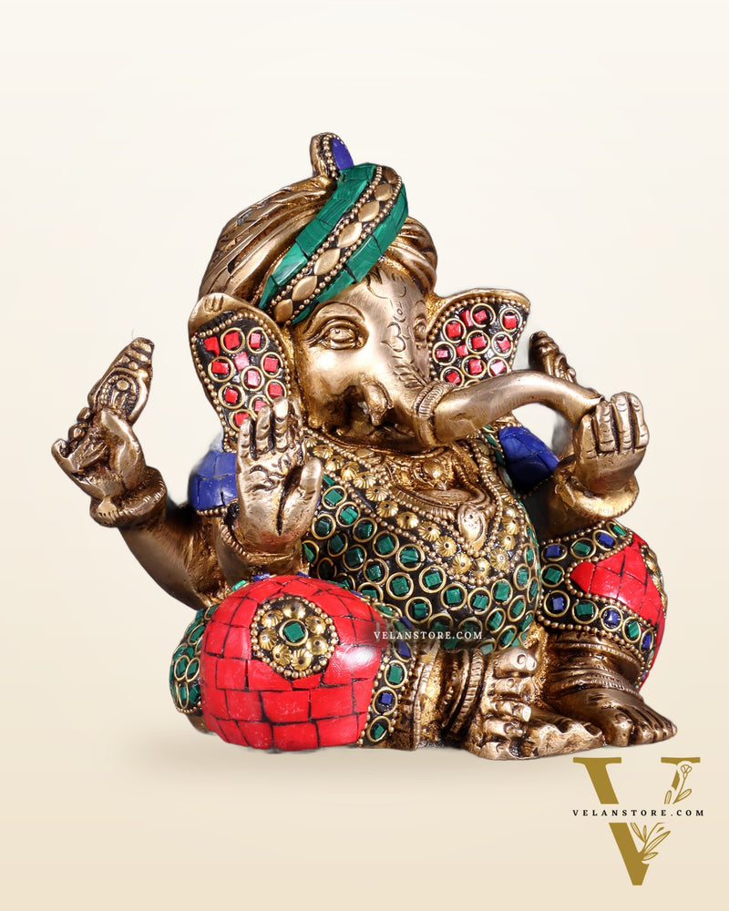 Brass Ganesha statue multicolour 7.5 inch
