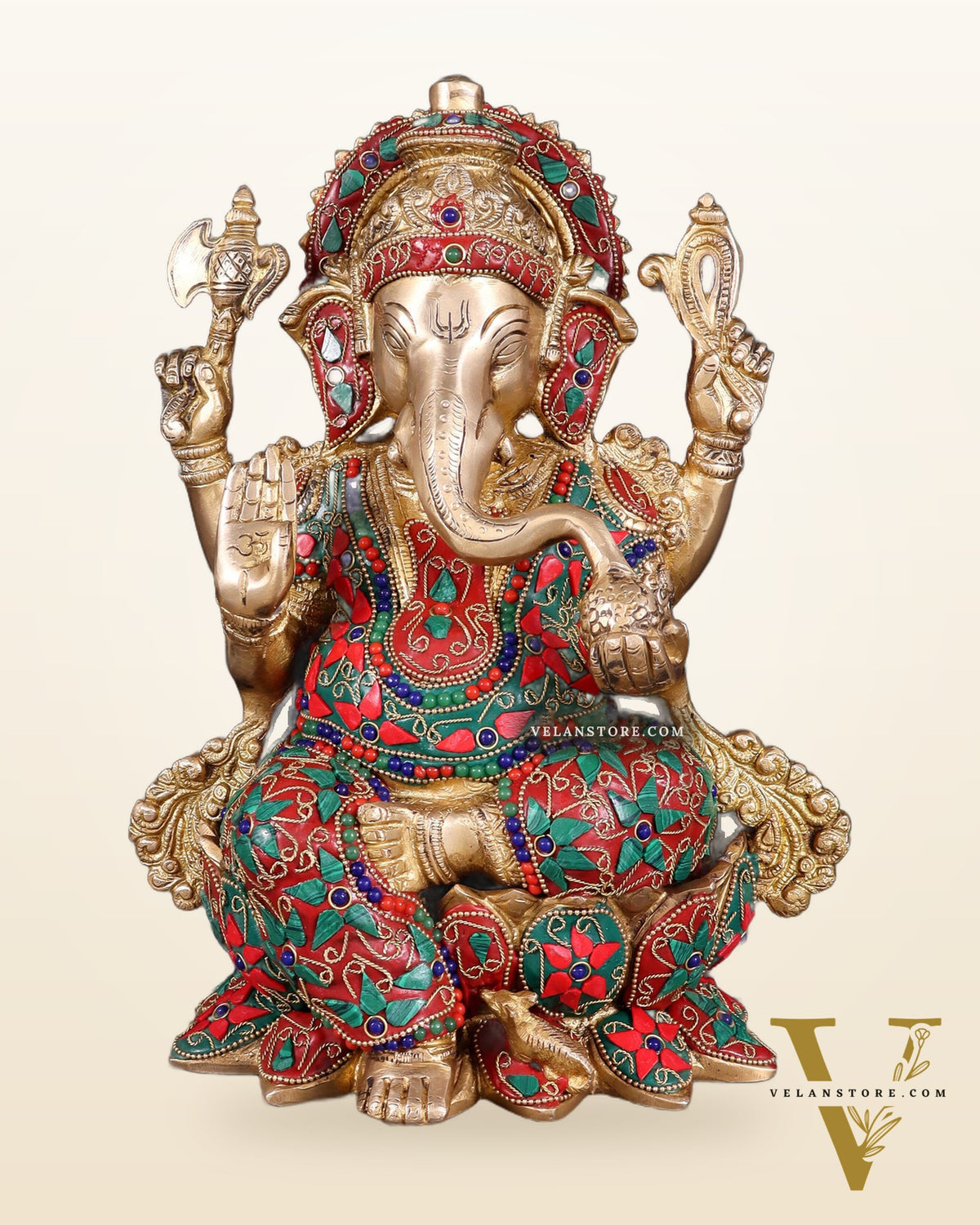 Brass Ganesha Statue on Lotus floral stonework - 12"