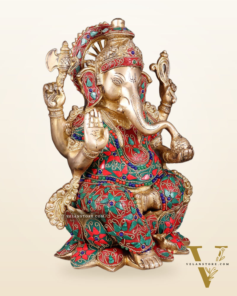 Brass Ganesha Statue on Lotus floral stonework - 12"