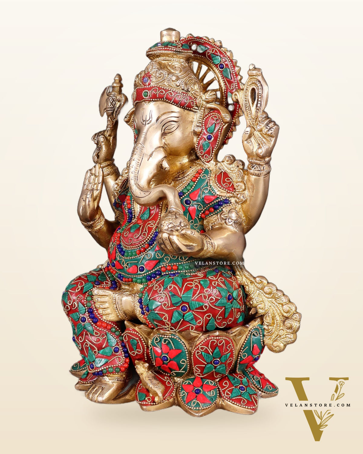 Brass Ganesha Statue on Lotus floral stonework - 12"