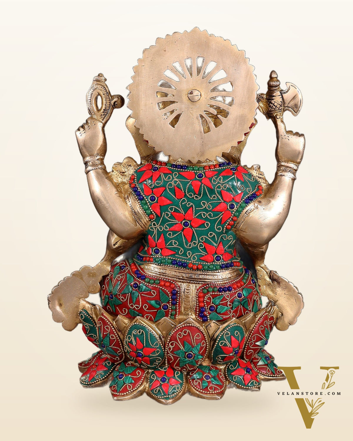 Brass Ganesha Statue on Lotus floral stonework - 12"