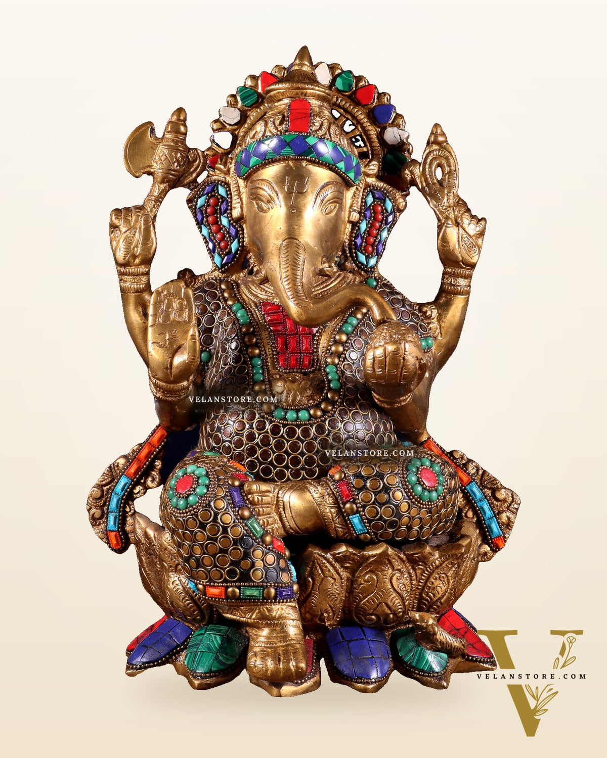 Brass Ganesha Statue on Lotus - Handcrafted - 12"