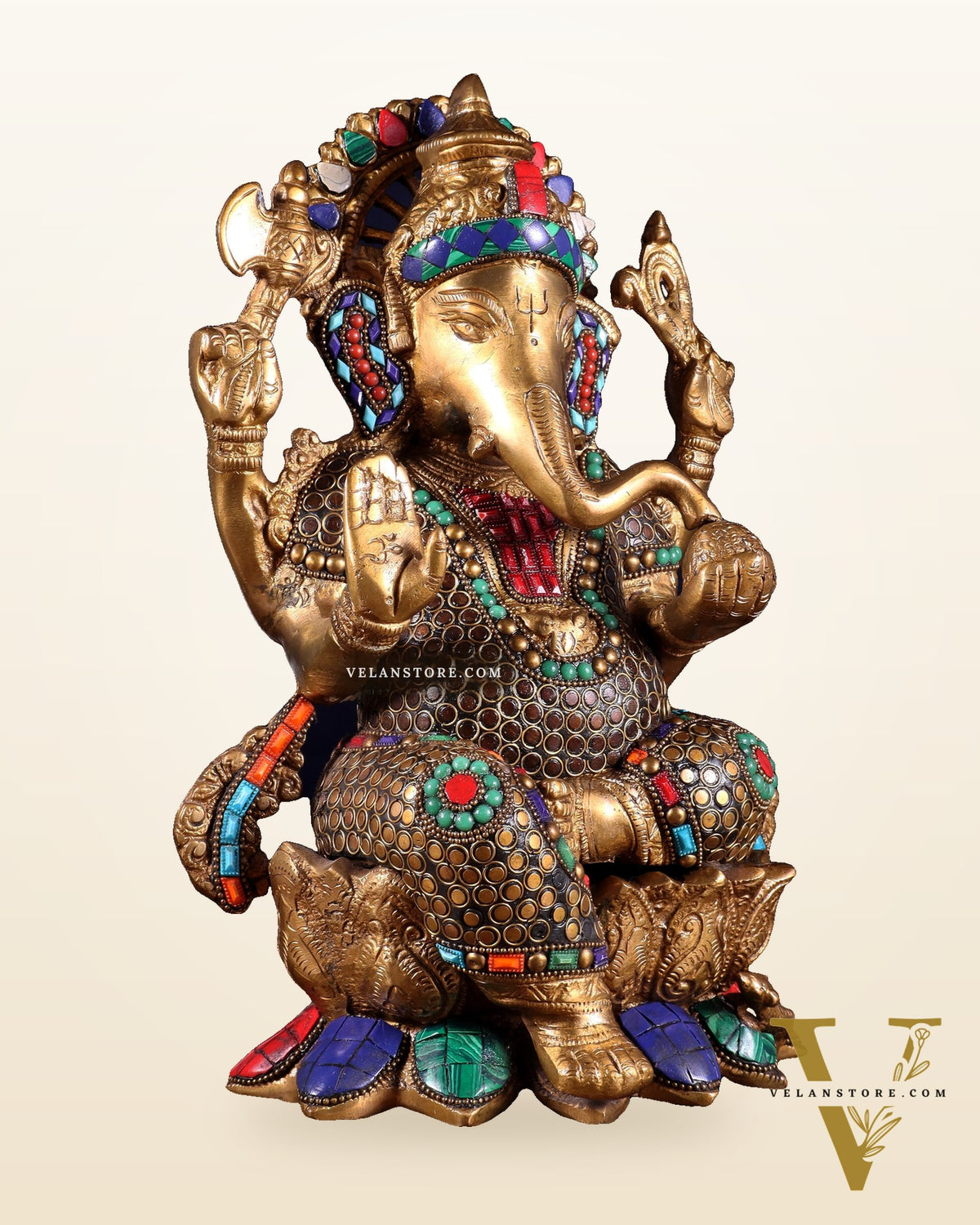 Brass Ganesha Statue on Lotus - Handcrafted - 12"