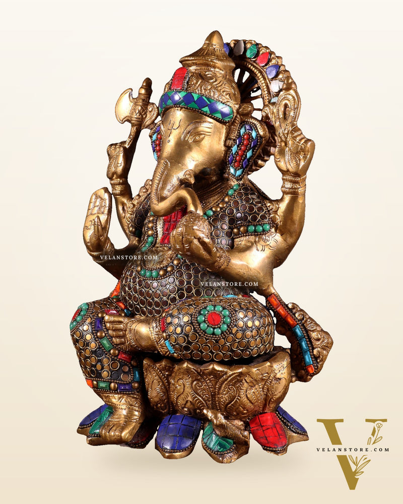 Brass Ganesha Statue on Lotus - Handcrafted - 12"