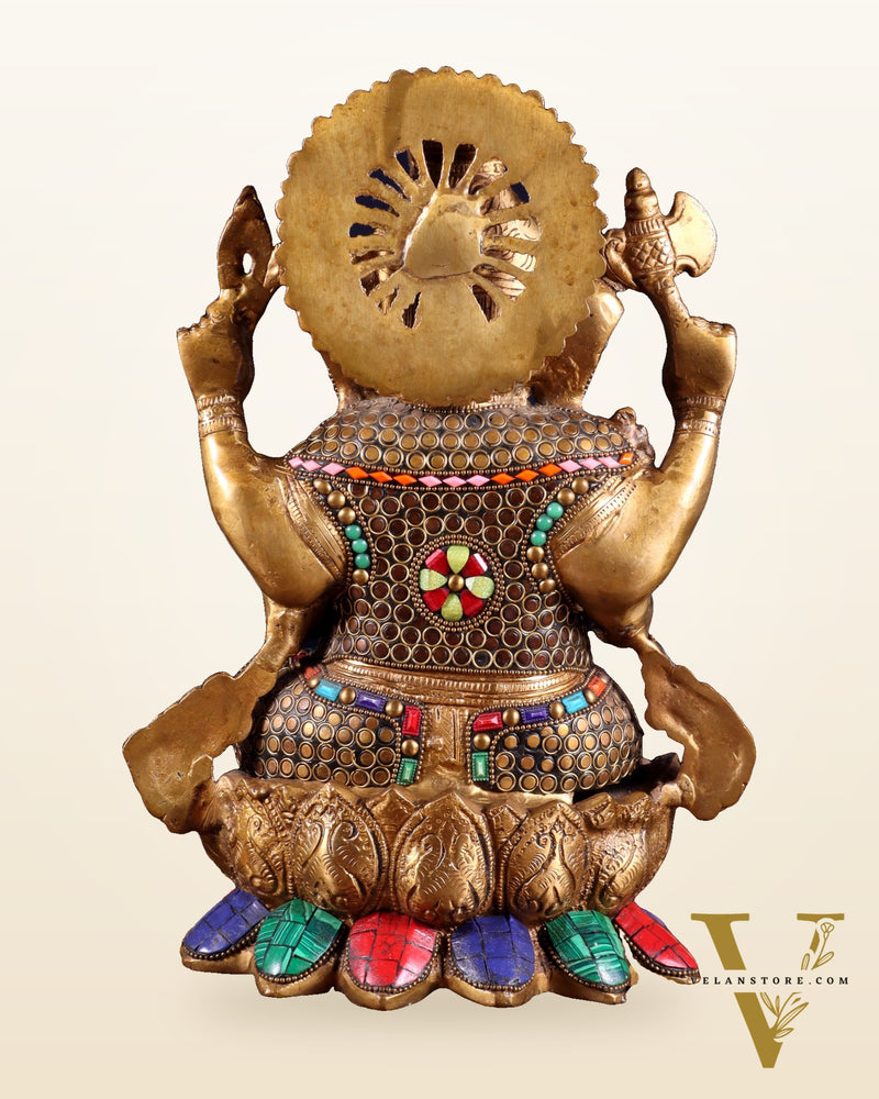 Brass Ganesha Statue on Lotus - Handcrafted - 12"