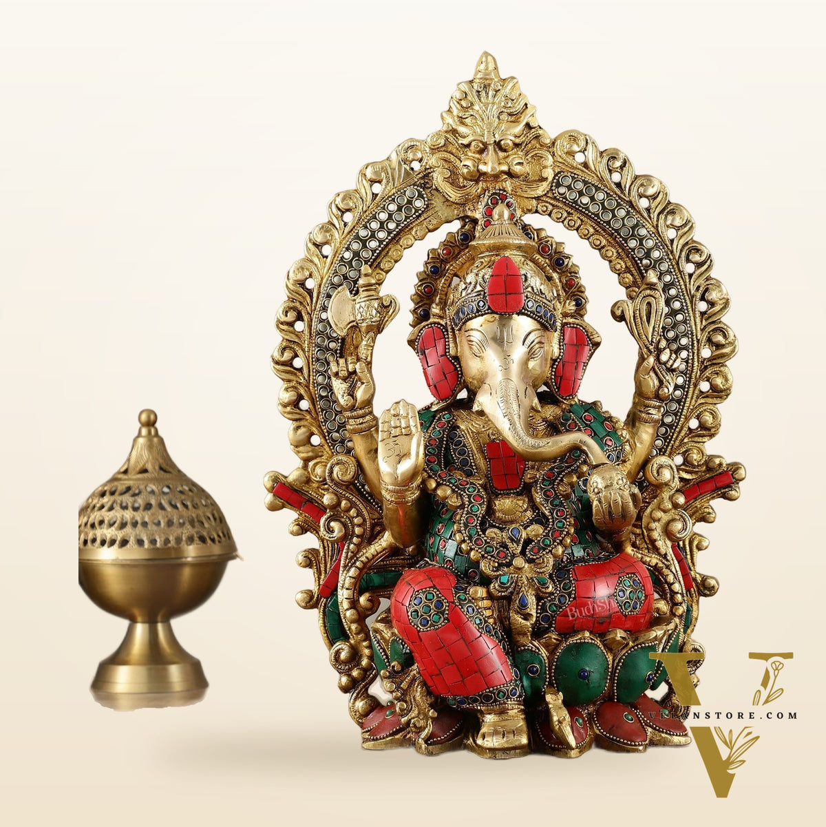 Brass Ganesha Statue on Lotus Throne with Prabhavali Arch - 15.5
