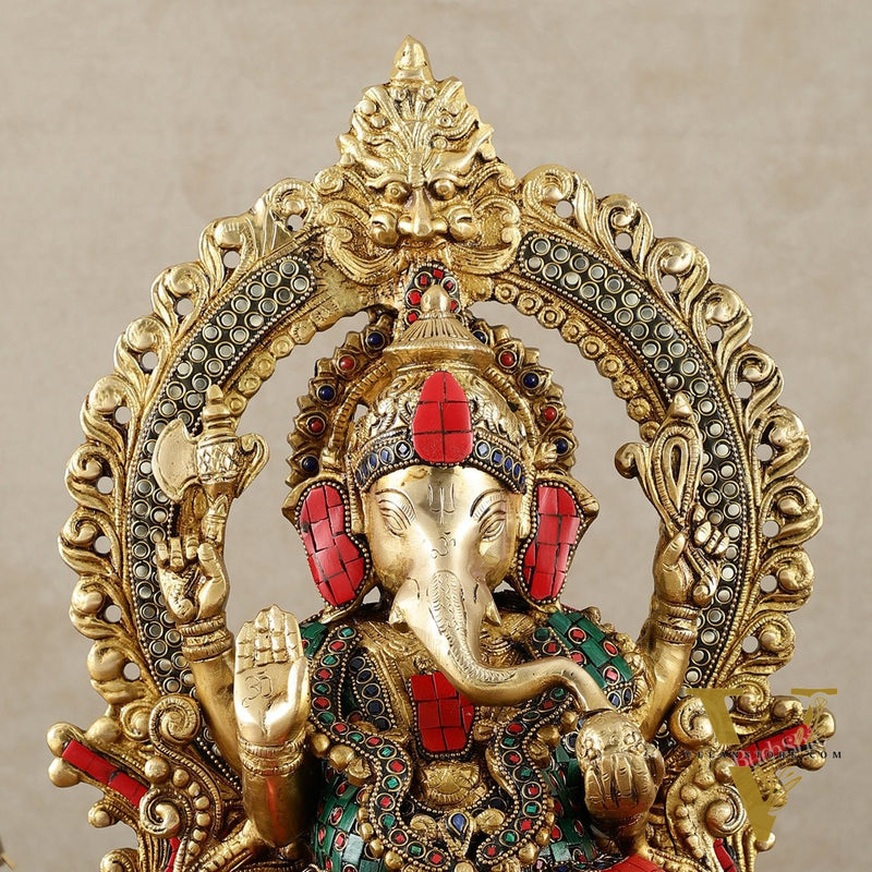 Brass Ganesha Statue on Lotus Throne with Prabhavali Arch - 15.5