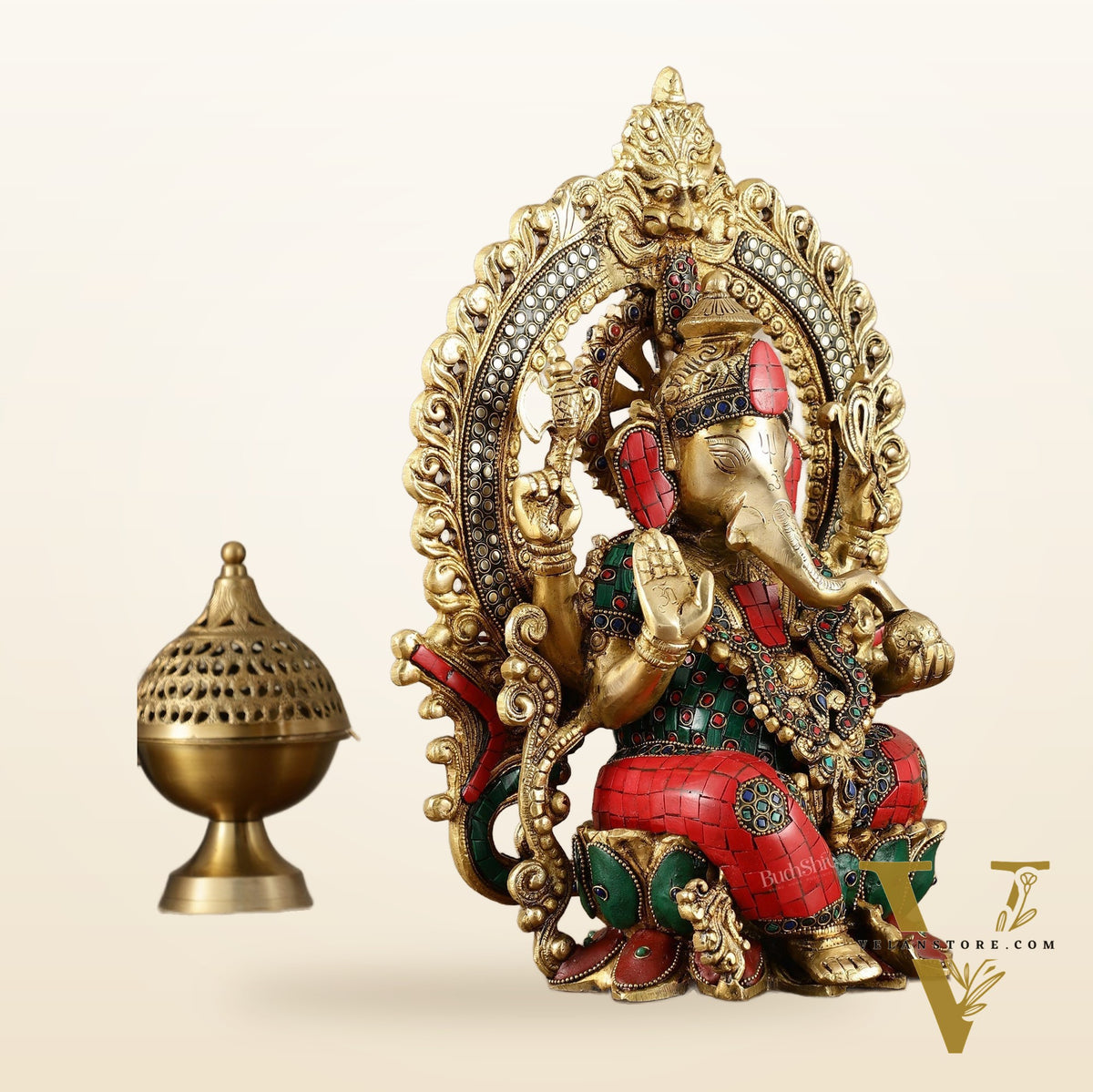 Brass Ganesha Statue on Lotus Throne with Prabhavali Arch - 15.5