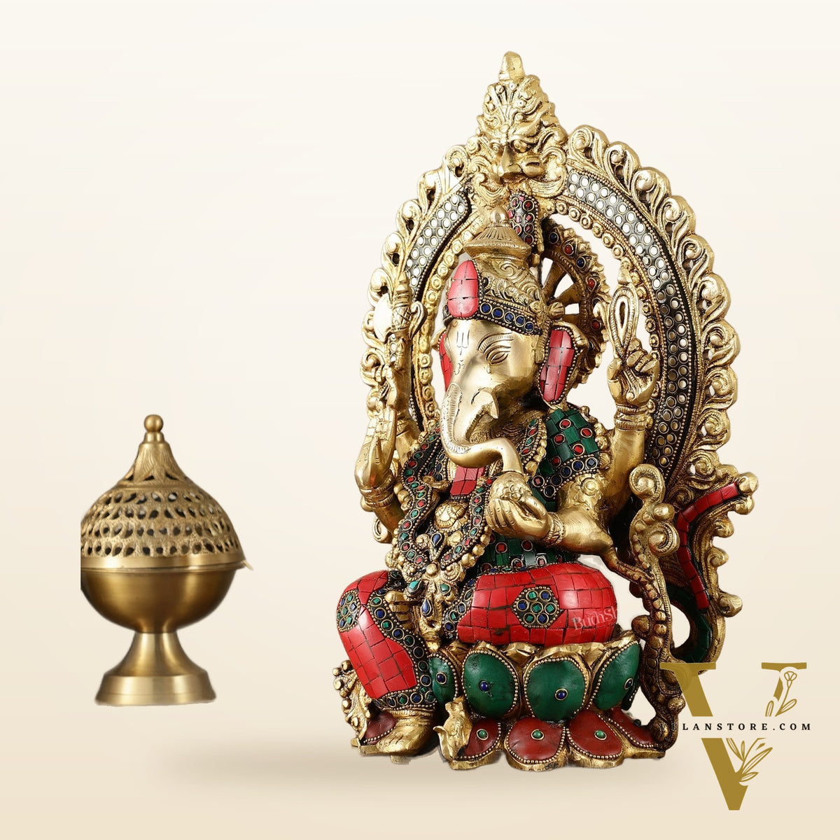 Brass Ganesha Statue on Lotus Throne with Prabhavali Arch - 15.5