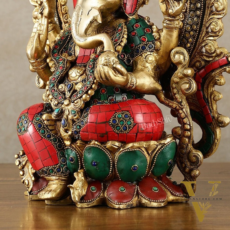 Brass Ganesha Statue on Lotus Throne with Prabhavali Arch - 15.5