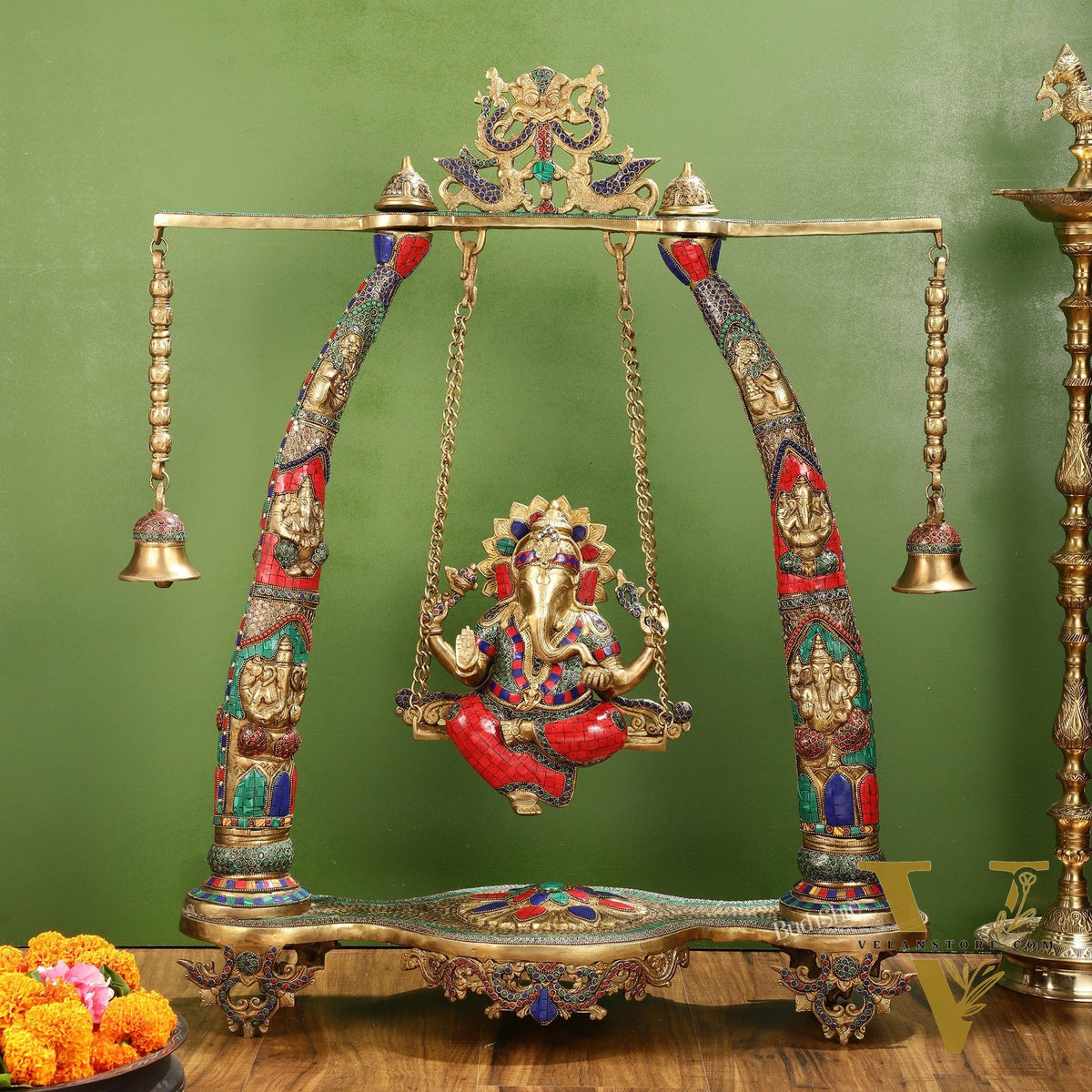 Brass Ganesha statue on Swing | Large-sized Masterpiece 36 inch