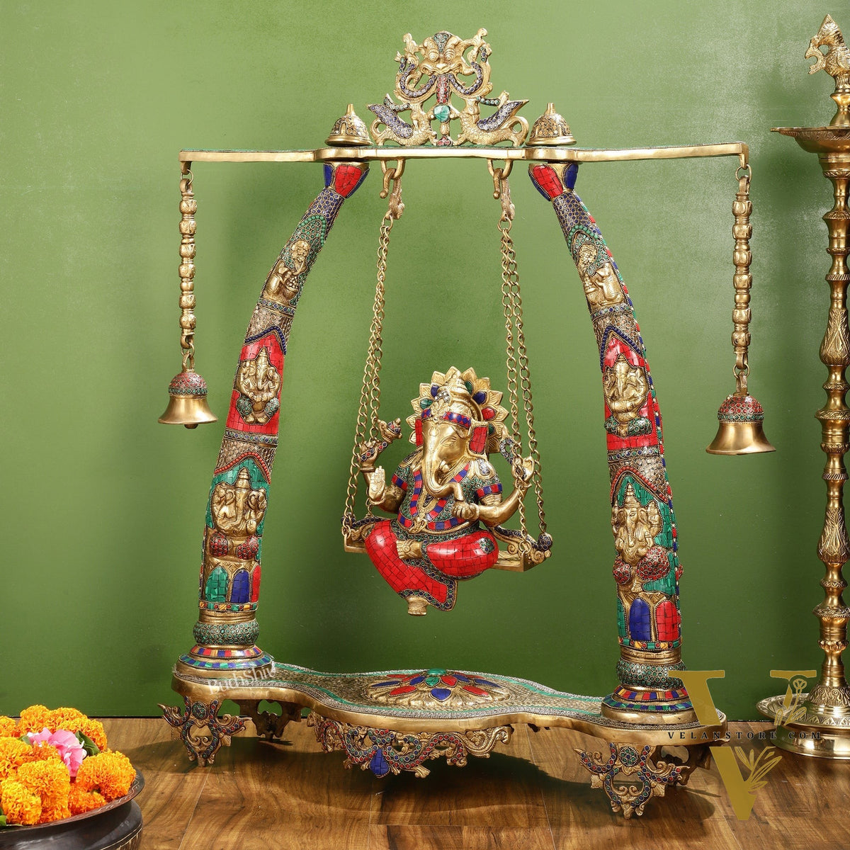 Brass Ganesha statue on Swing | Large-sized Masterpiece 36 inch