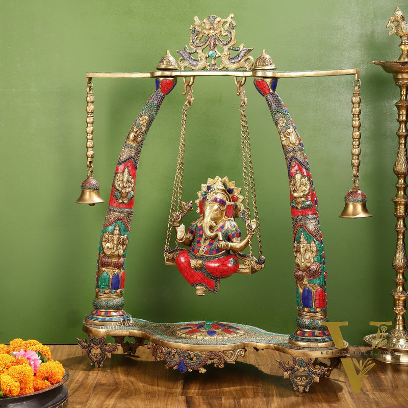 Brass Ganesha statue on Swing | Large-sized Masterpiece 36 inch