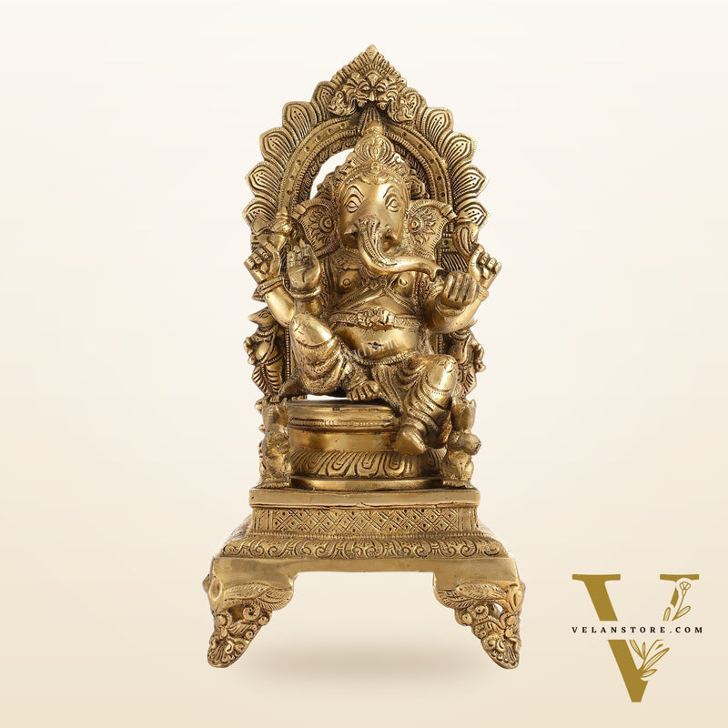 Brass Ganesha Statue on Throne - 17 inch