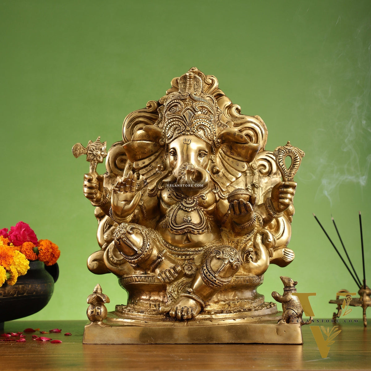 Brass Ganesha Statue straight trunk unique statue 16"