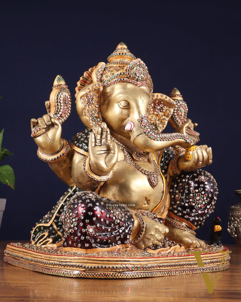 Brass Ganesha statue unique work - 15 inch laakh meenakari