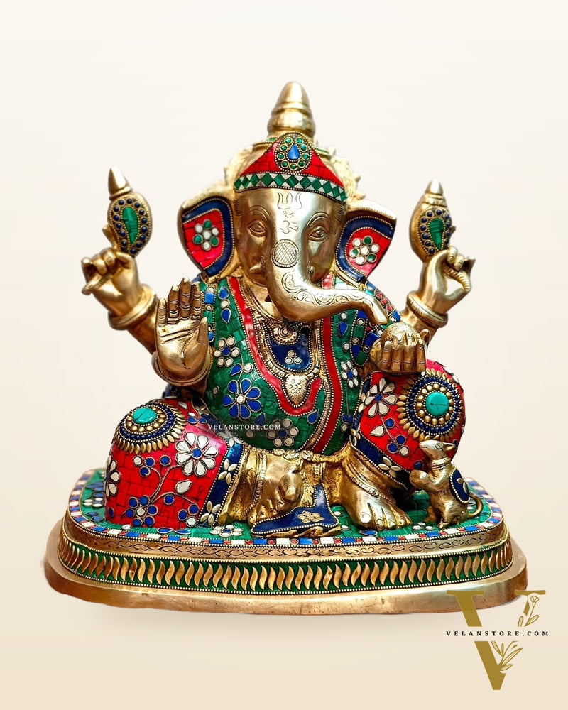 Brass Ganesha statue unique work - 15 inch