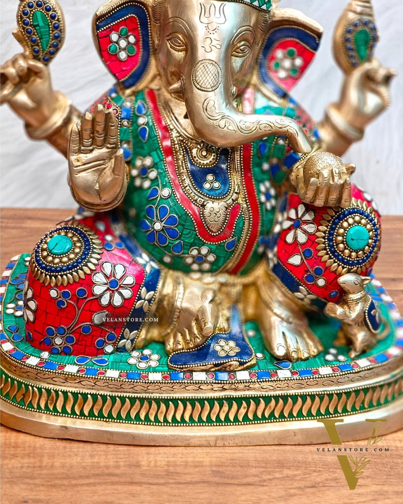 Brass Ganesha statue unique work - 15 inch